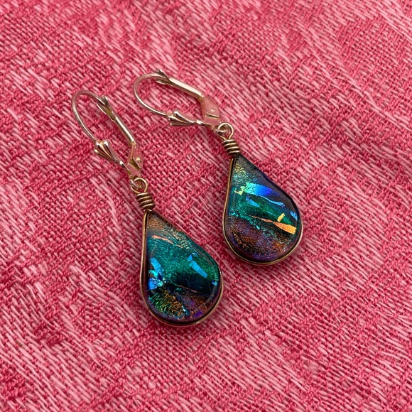 Copper Green Glass Tear Drop Dangle Earrings - Picture 5 of 6